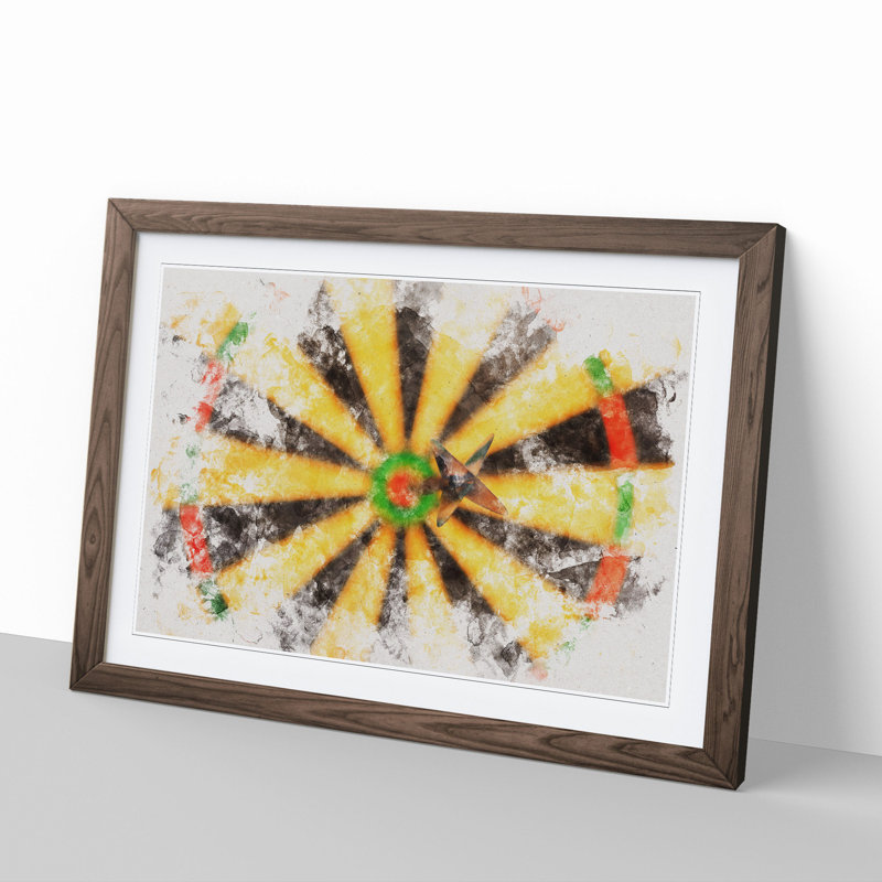 Bulls Eye Dartboard Watercolour - Picture Frame Graphic Art, 27cm H x 36cm W x 2cm D, Walnut