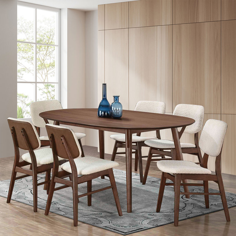 Ensemble de salle à manger ovale en bois avec pieds inclinés en noyer et beige, 7
