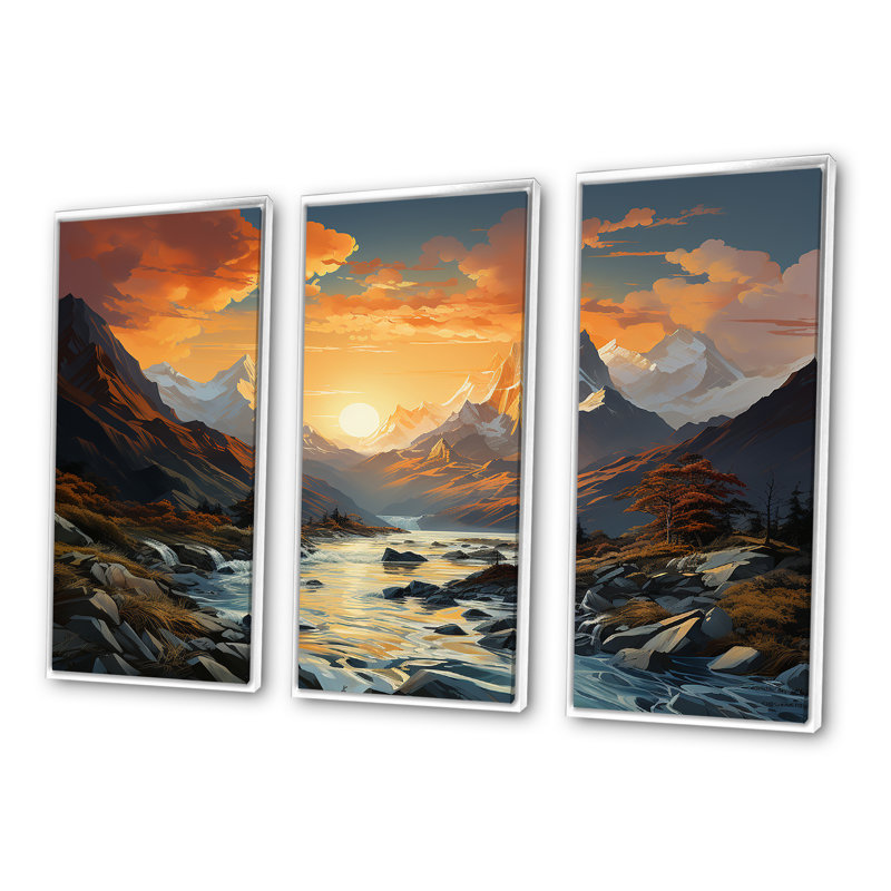 «Mountain Sunset Serenity - Landscape Mountains», ensemble de reproduction d'art mural, Cadre flottant blanc