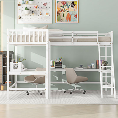 Wood L-Shaped Loft Bed With Ladder And 2 Built-In L-Shaped Desks