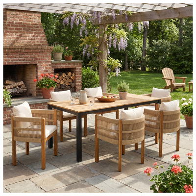 Ensemble repas d'extérieur 7 pièces avec table en bois d'acacia et 6 chaises à dossier en corde, coussins bruns