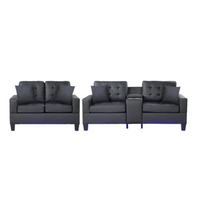 Gemma Black PVC Fabric Sofa Loveseat Living Room Set With LED Lights, USB Charger, Storage Console, Cupholders, Tufted Cushions