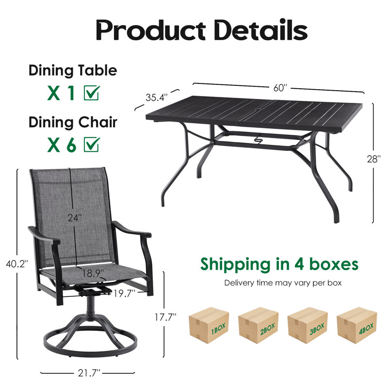 6-Person Steel Patio Dining Set with Swivel Chairs, Black, Gray
