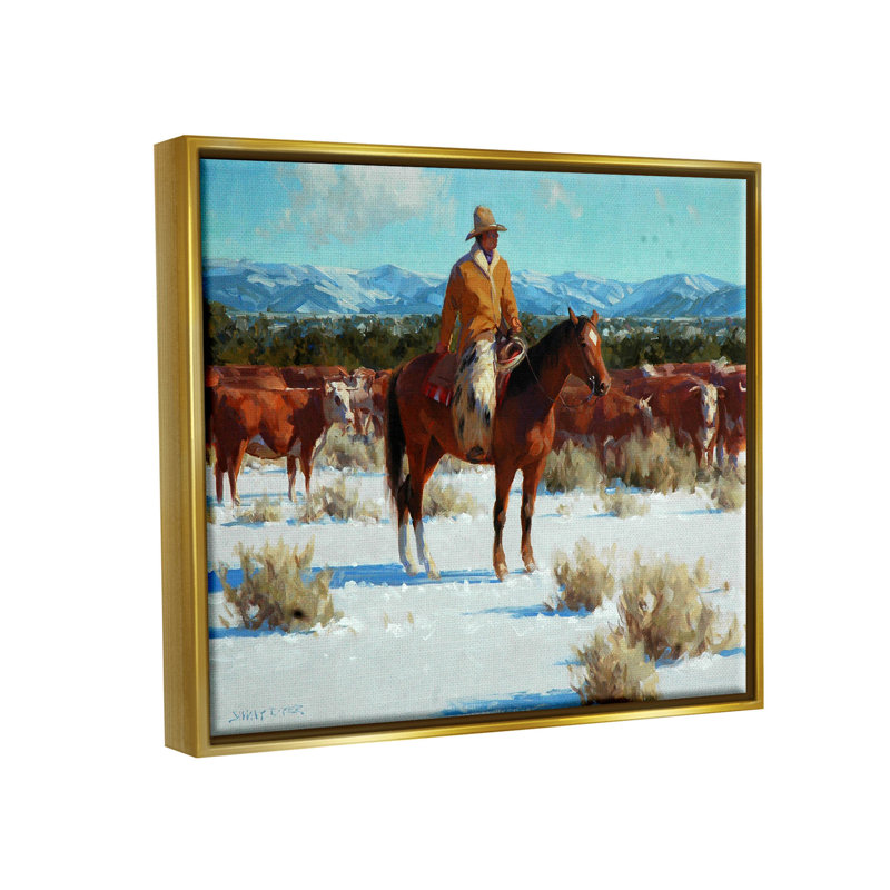 Hiver, cowboy, H 25 po x l 31 po x P 1,7 po, Cadre flottant métallique doré