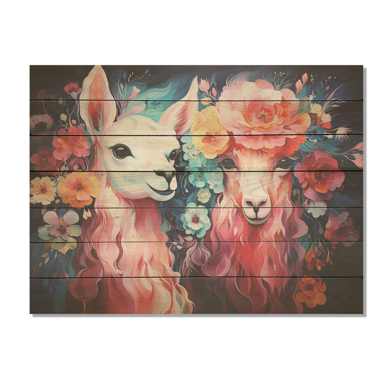 Portrait floral des alpagas roses - Alpaga sur bois, H 10 po x l 20 po x P 0,78 po