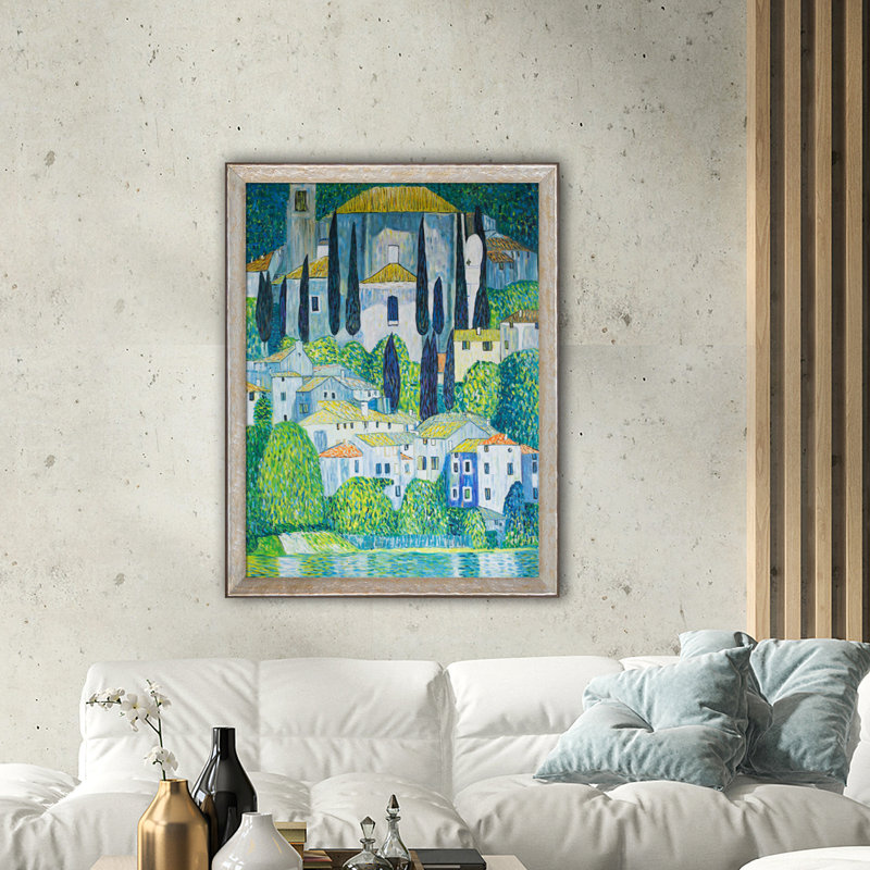 «Church in Cassone (Landscape with Cypress)» par Gustav Klimt, reproduction d'art sur toile encadrée, Cadre patiné Luna