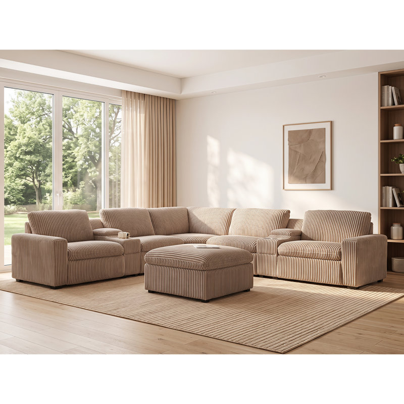 9 Piece Modern Corduroy L Shaped Power Reclining Sectional Couch with Storage & Wireless Charging, Mushroom Taupe Corduroy