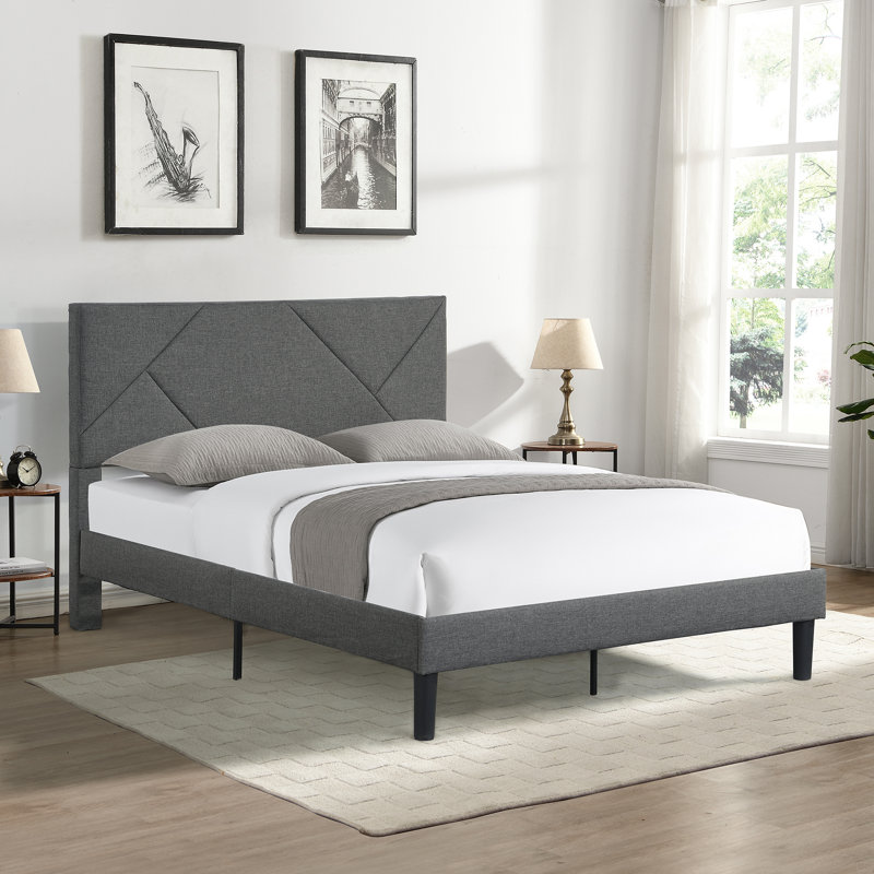 Queen Upholstered Platform Bed with Headboard, Wood Slat Support, No Box Spring, Gray