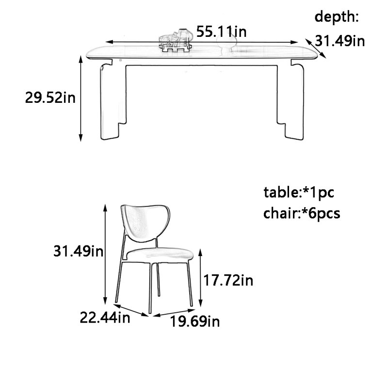 Simple rock board dining table and chair set, 29.52"H x 55.11"L x 31.49"W