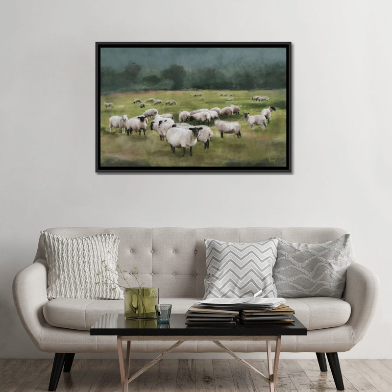 Moody Sheepscape, No Mat, 32" H x 48" W x 1.5" D, Black Floater Framed Canvas
