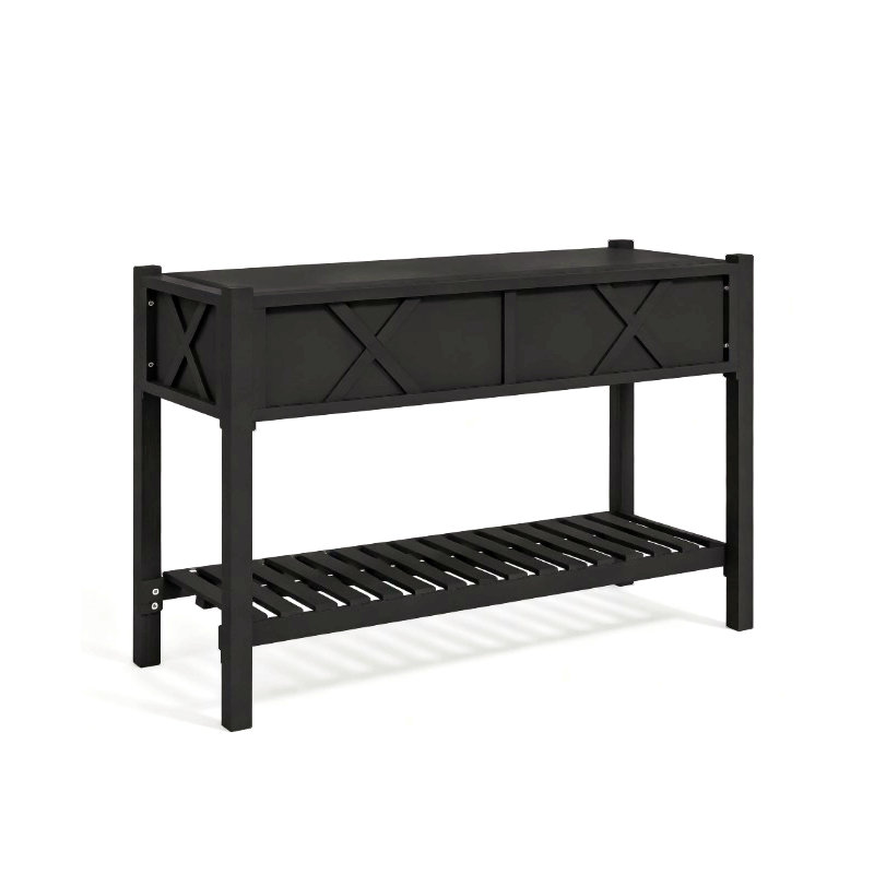 Elevated Wood Planter Box,Raised Garden Bed,With Storage Shelf,Drainage Holes,And Liner, Black
