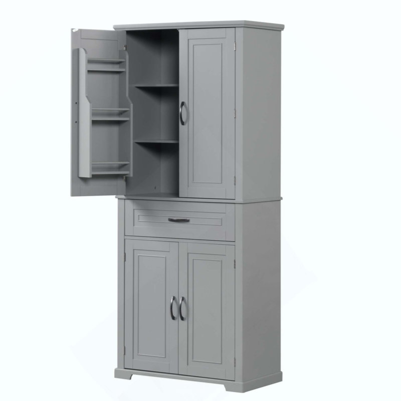 Bathroom Tall Storage Cabinet with 4 Doors & 1 Drawer, Adjustable Shelf, Anti-Tipping Device, MDF Storage Organizer, Gray