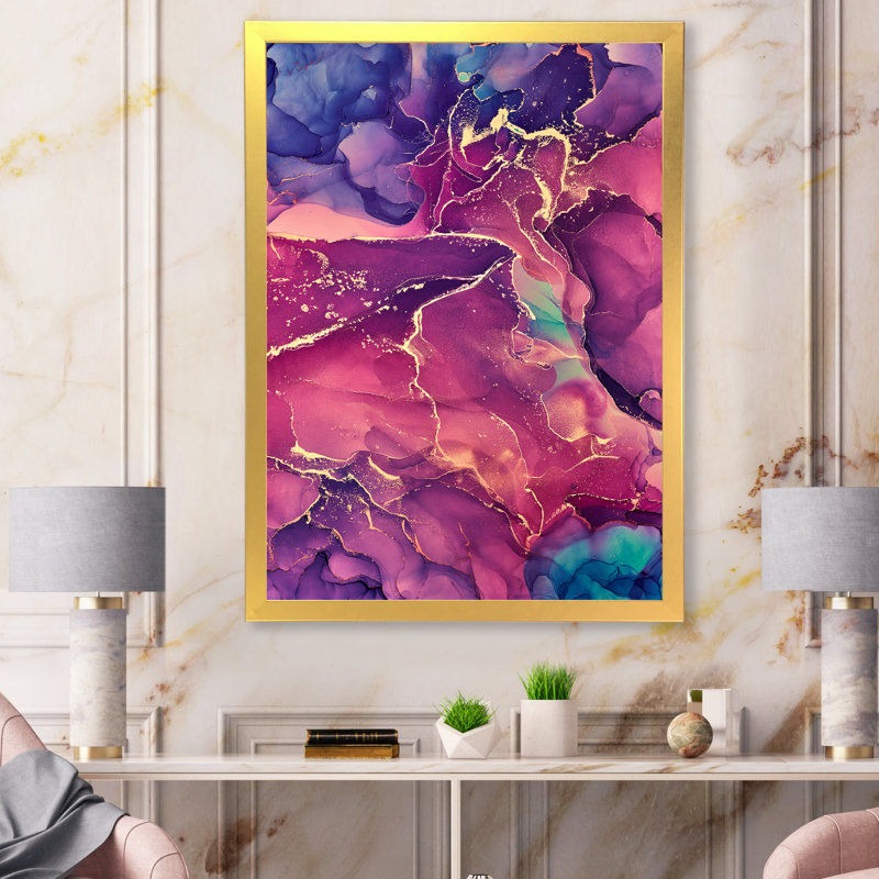 Art bleu et bourgogne liquide - peinture sur toile, H 20 po x l 12 po, Toile à cadre d'angle fermé doré