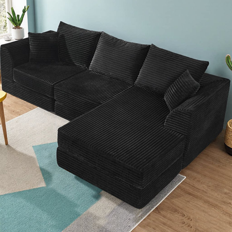 102" Modern L-Shaped Modular Cloud Sofa, 3-Seater with Reversible Chaise, Soft Corduroy Fabric, Frame-Free Design, No Assembly Required, Plush Memory Foam Cushions