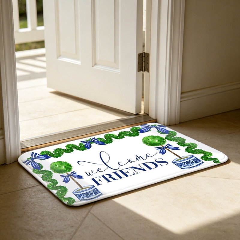 Tapis de porte Chinoiserie Topiaire Welcome Friends, 24 po x 36 po, vert, bleu, blanc