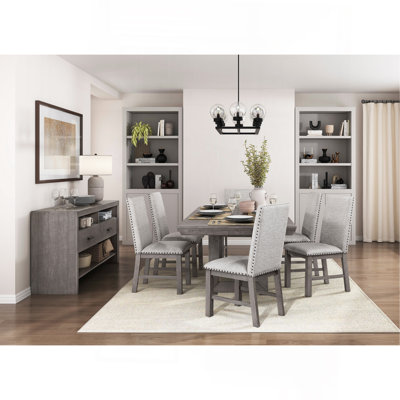 Rustic Design Dining Table 7Pc Set Gray Finish Table W Extension Leaf And 6X Fabric Upholstered Side Chairs Modern Dining Room Furniture by Lark Manor