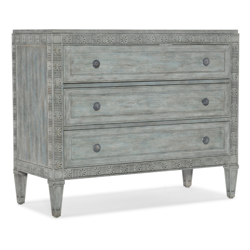 Waterscape Blue Coastal 3-Drawer Accent Chest with Carved Floral Fretwork