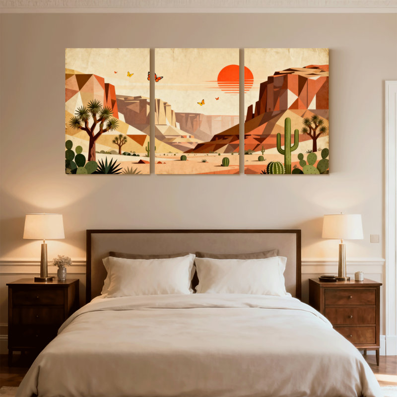 Paysage et nature, paysage désertique avec cactus et coucher de soleil, ensemble de 3 impressions sur toile