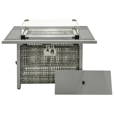 43 Inch Rectangular Propane Fire Pit Table, 60000 , Open Weave In Grey, With Blue Glass Stone Decoration And Tempered Wind Guard For Outdoor Gatherings 43" Grey Gas Bohemian Charm, Removable Lid,