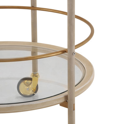 Round Bar Cart with Tempered Glass Shelves and Gold Accents,Distressed White Finish