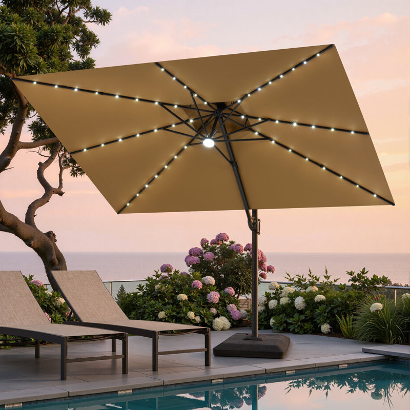 Parasol rectangulaire en porte-à-faux à DEL 12 pi x 9 pi avec base lestée, Tanné