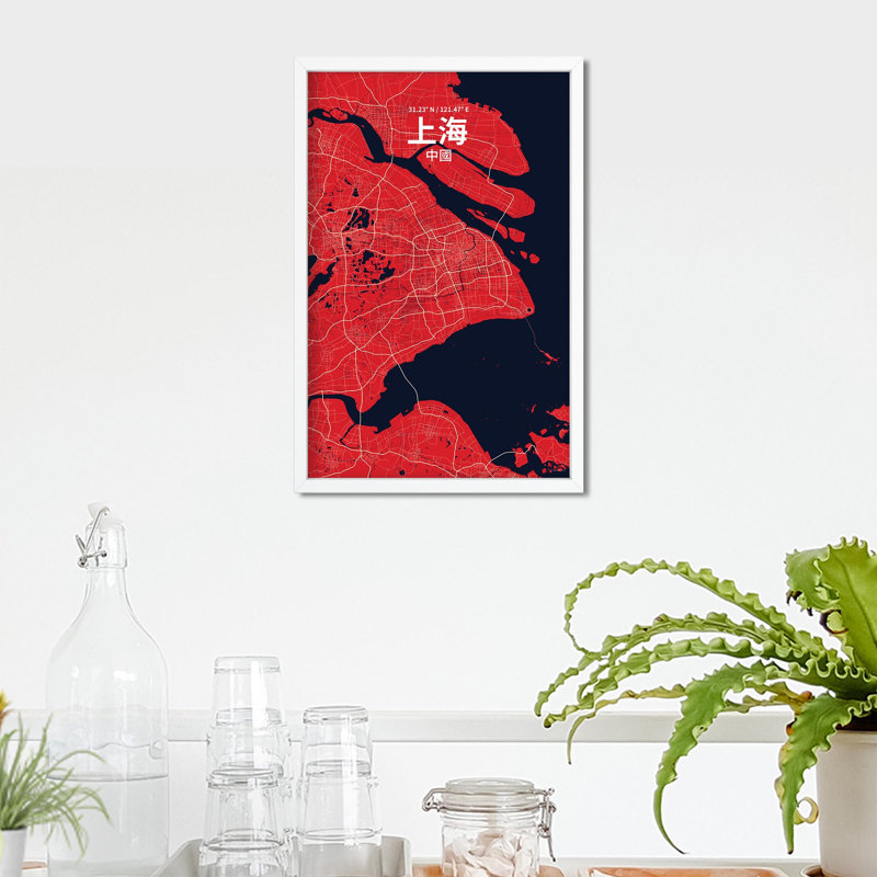 Carte de ville (art chinois traditionnel), art graphique, H 17 po x l 11 po, Rouge / Bleu marine
