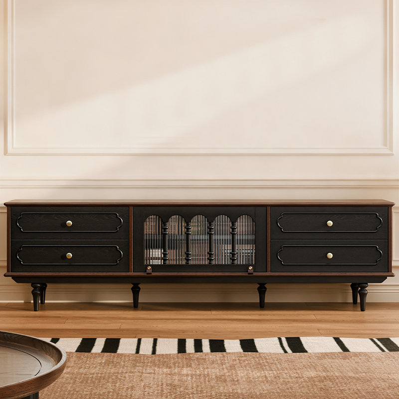 Meuble télé rétro en bois massif noir, H 21,93 po x L 78,74 po x l 15,75 po