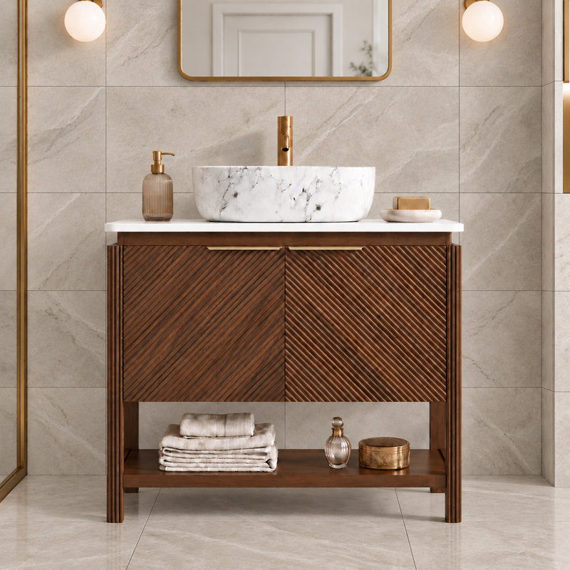 Meuble-lavabo autoportant 36 po avec portes 3D texturées Linea, Rectangle, L 36 po