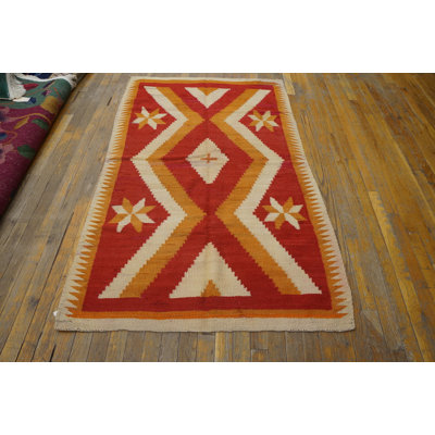 Light Coral Color Antique Native American Flatweave Tribal Geometric Small Navajo Rug