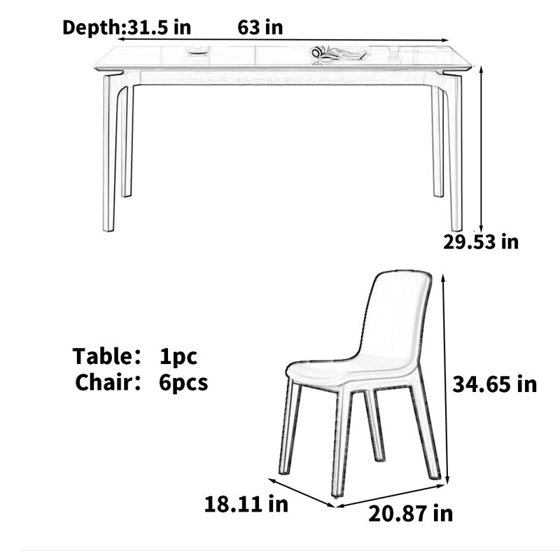 Table de salle à manger rectangulaire en pierre frittée, H 29,53 po x L 63 po x l 31,5 po