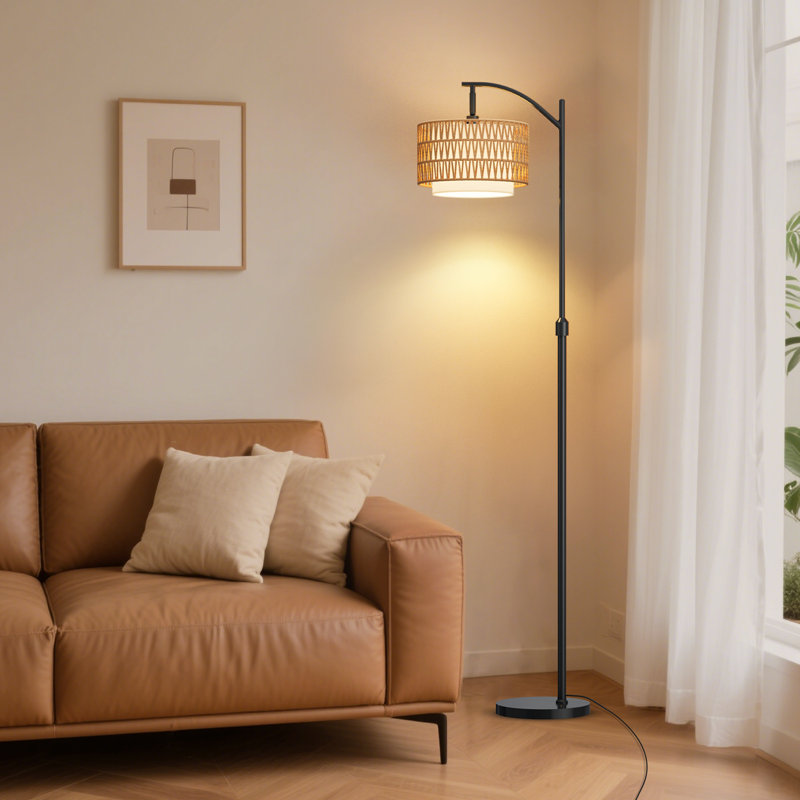 Dimmable Bohemian Floor Lamp with Remote Control, 3 CCT & RGB, Rattan Shade, Adjustable Mid-Century Modern Standing Lamp for Bedroom, Living Room, or Office