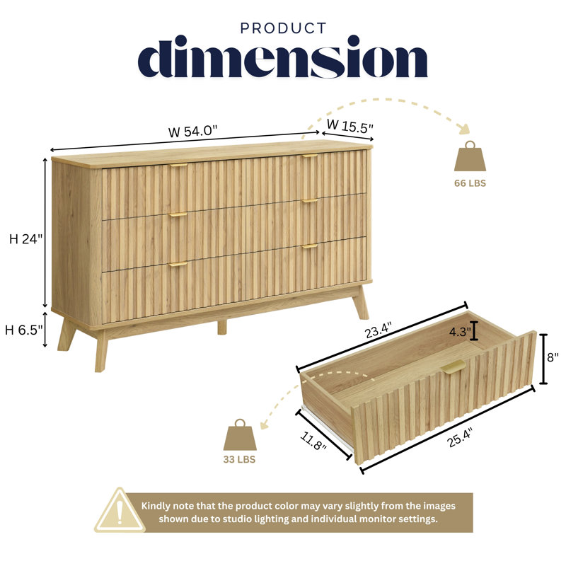  Fluted Fluted 6 Wood Dresser with Built‑In Anti‑Tip Stability System — Wide Chest for Bedroom, Nursery or Hallway Storage Organizer