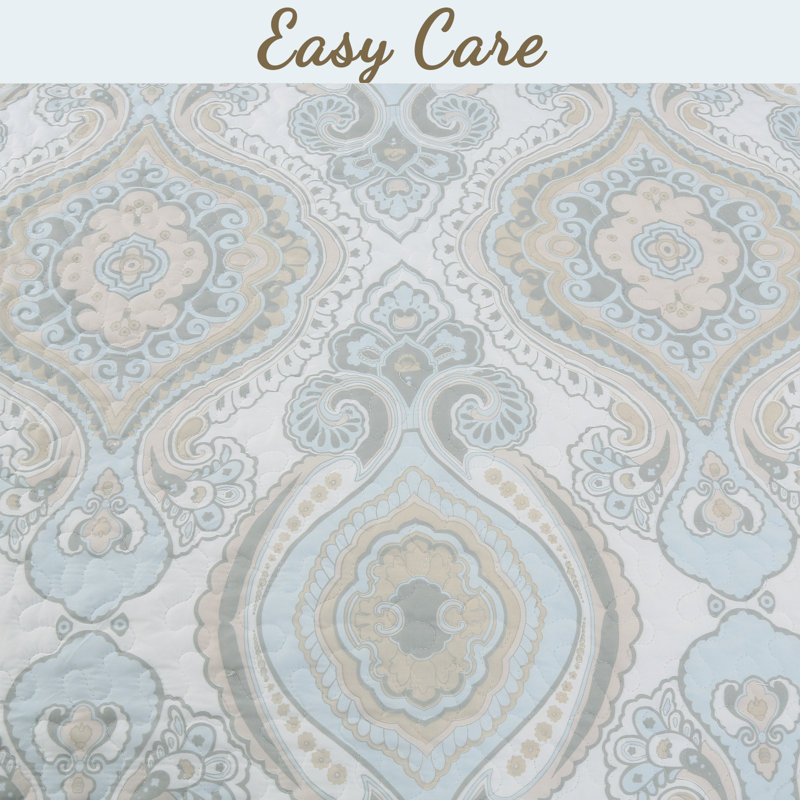 Modern Medallion Sky Blue Tan Gray Brocade Polyester Geometric Shapes Quilt, King Quilt + 2 Standard Shams