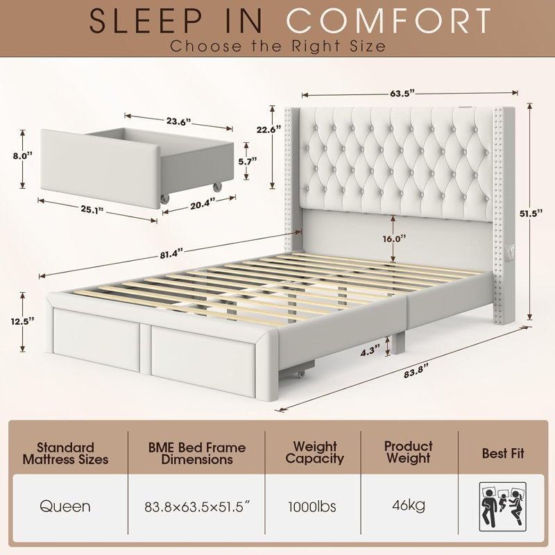 Lit de rangement avec tête de lit et tête de lit tapissier avec tête de lit 51,5 po Jurijus, Crème