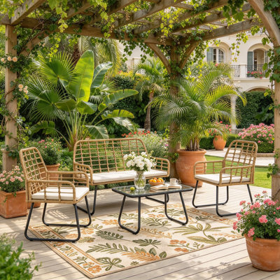 4 Piece Rattan Garden Furniture Set, Outdoor Patio Furniture with Loveseat, Armchairs and Coffee Table