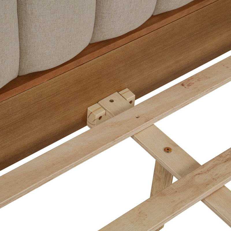 Très grand lit en bois avec tête de lit tapissier de style piano, lit en bois avec cadre de lit renforcé, blé, Très grand lit
