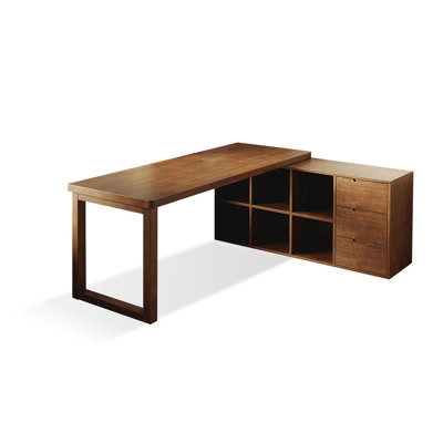 Bureau en bois massif en forme de L brun noyer avec 3 tiroirs