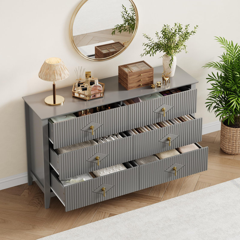 Commode pour chambre à coucher avec 6 tiroirs, commode moderne de 48 po avec poignée en métal, meuble télé, Gris