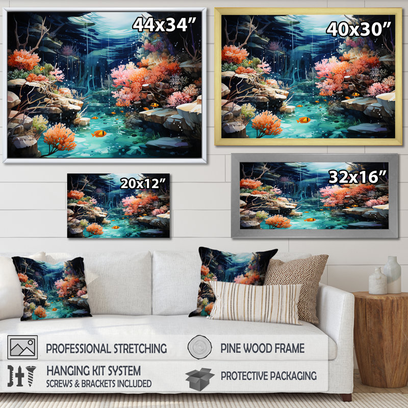 Jardin de corail réaliste sous l'eau II - art de corail, Cadre flottant noir, H 16 po x l 32 po x P 1 po