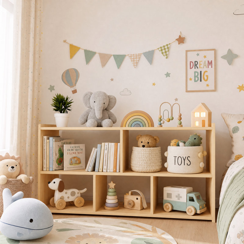 5-Compartment Wooden Kids Bookshelf, Montessori Bookcase for Toddlers, Storage Organizer for Nursery, Playroom & Classroom