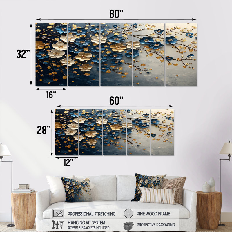 Ensemble de décorations murales cerisier bleu en or bleu II, H 28 po x l 60 po