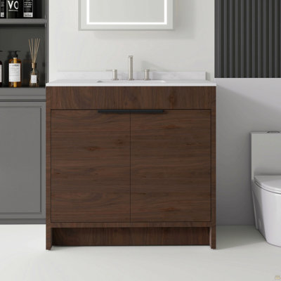 Meuble-lavabo autoportant de 36 pouces avec lavabo, porte à fermeture en douceur, comptoir et dosseret en marbre de culture blanc de 0,6 po Carrara, contreplaqué, brun