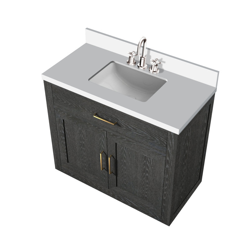 Ensemble de meuble-lavabo simple avec comptoir en quartz blanc et robinet, Noir, noir, noir, noir