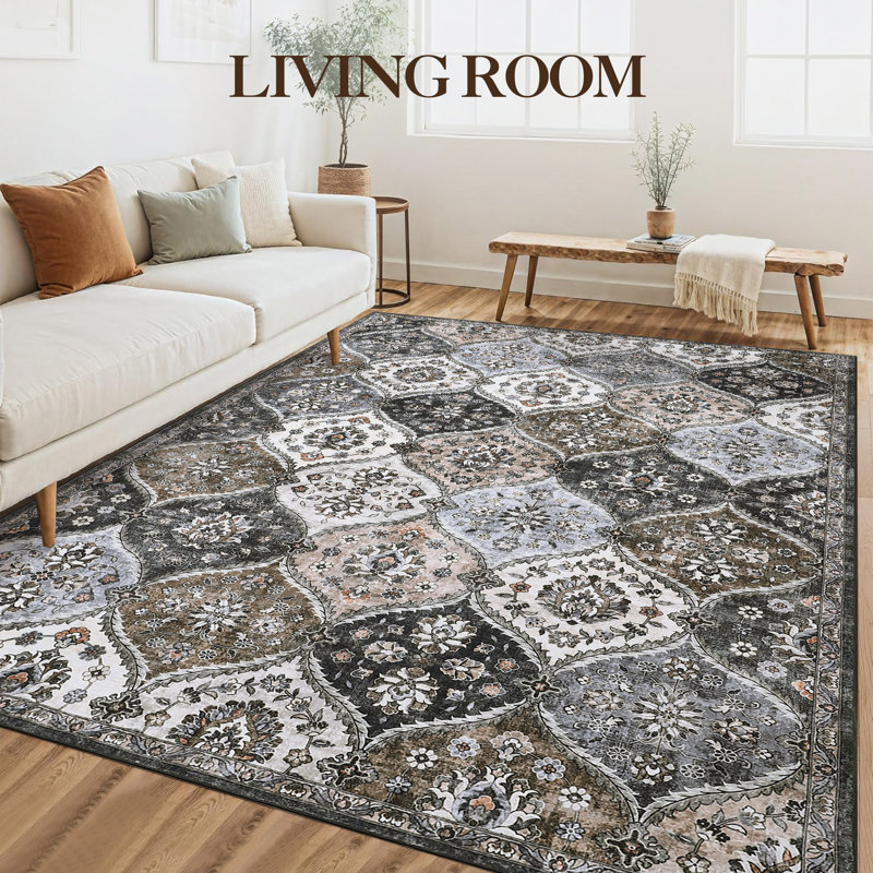 Tapis de salon fleuri 240 x 300 cm, grand tapis d'appoint oriental avec envers antidérapant, tapis de sol imprimé pliable, tapis d'intérieur traditionnel ne peluche pas pour chambre, salle à manger, cuisine, gris-brun