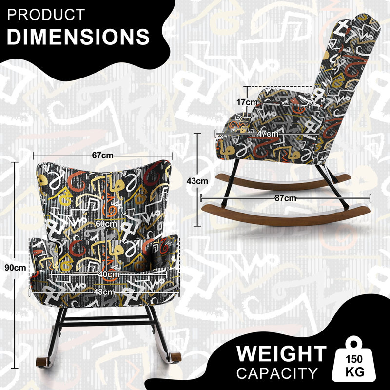 Cyra Rocking Chair, Black/Orange/Yellow Abstract