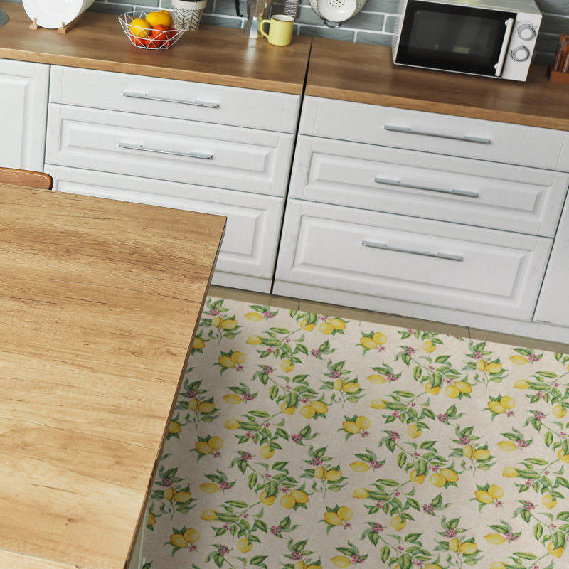 Limones Yellow Cushioned Kitchen Mat, Rectangle 2' x 4'