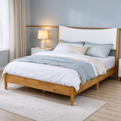 Grand lit en hévéa massif blanc avec tête de lit rembourrée Boucle et pieds de soutien renforcés; cadres de lit seulement