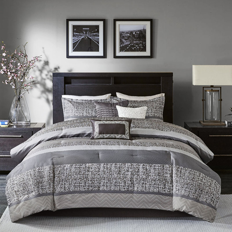 King Size Bedding - Grey/taupe Trellis Pattern Comforter 100%, King Comforter + 6 of Additional Pieces Included, Gray/Taupe