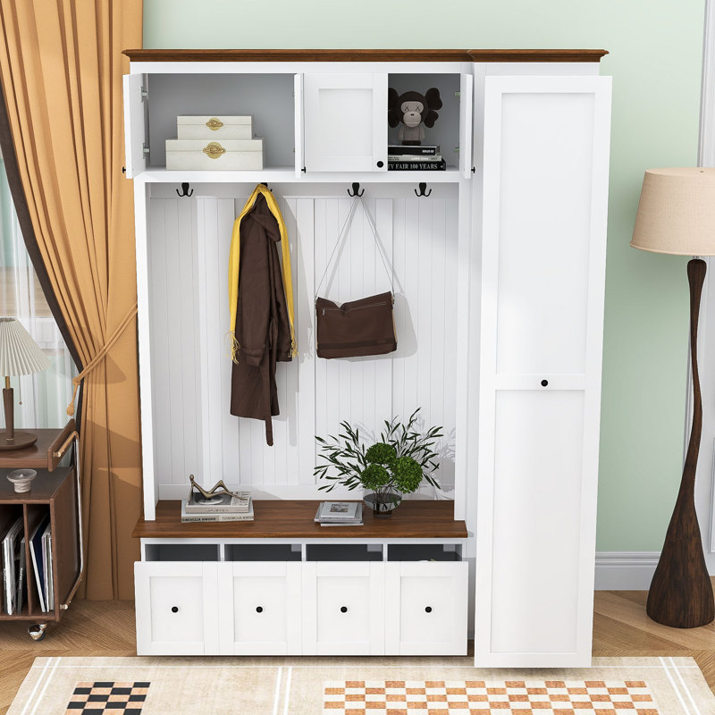 Hall Tree with Storage Bench, Cabinets, Drawers and Hooks, White