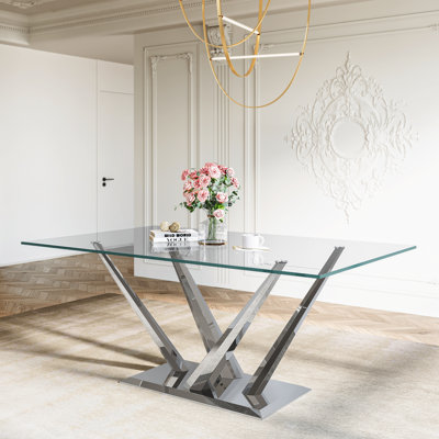 35.43 " Rectangular Glass Top with Stainless Steel Base Dining Table